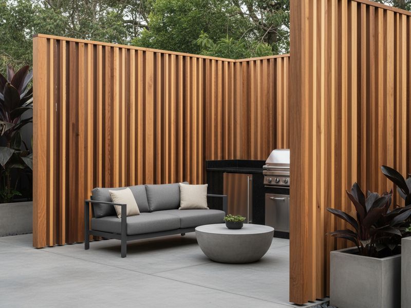 Timber batten privacy screen beside an outdoor lounge